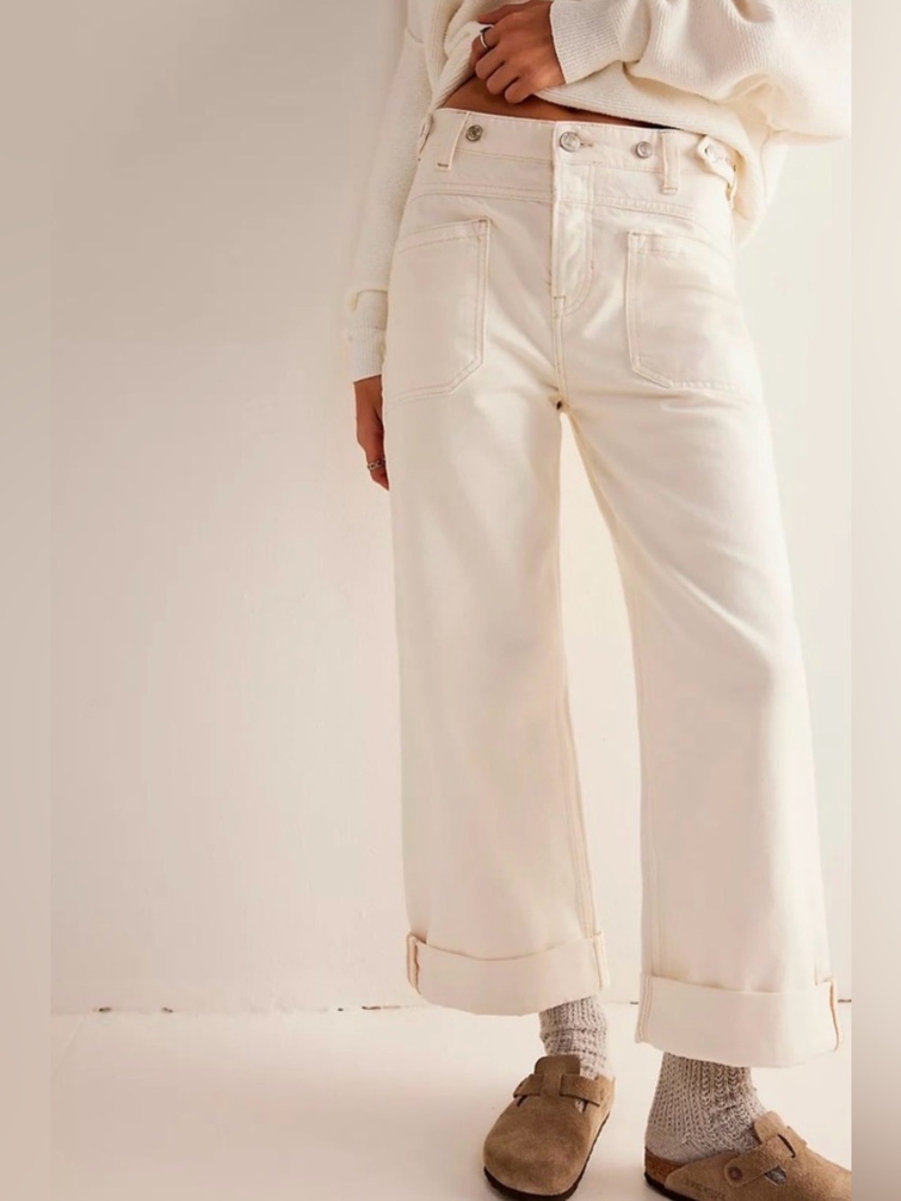 Free People We The Free New Palmer Cuffed Jeans Eggshell Size 26